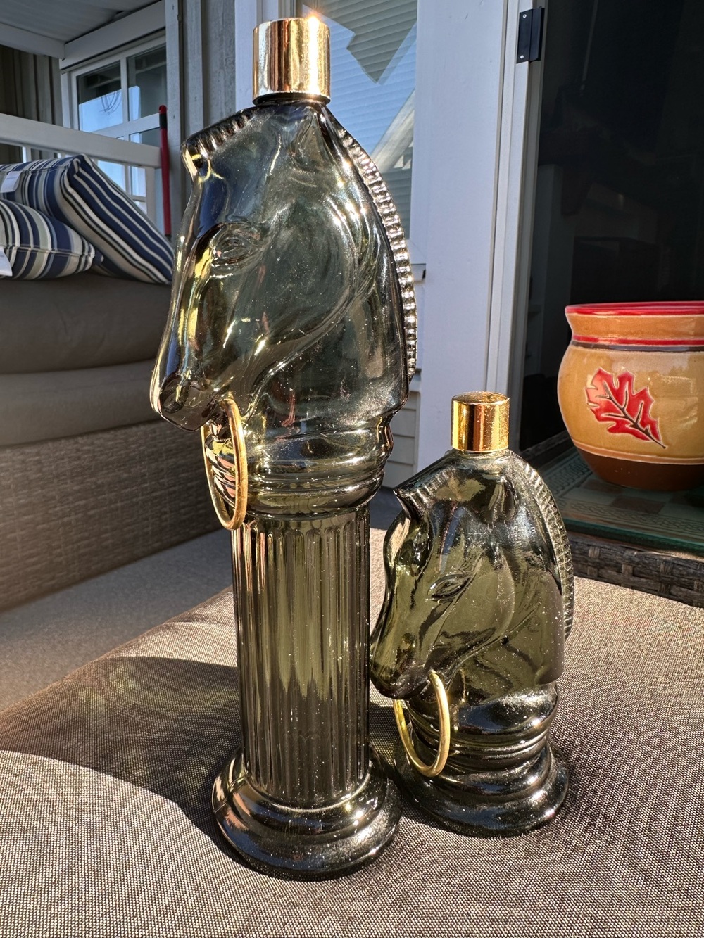 Vintage Avon 1970 Green Pony Glass Horse Head Decanter Lot x 2